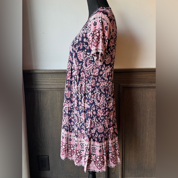 Knox Rose Pink & Navy Floral V-Neck Babydoll Tunic XS NWOT - Picture 3 of 7